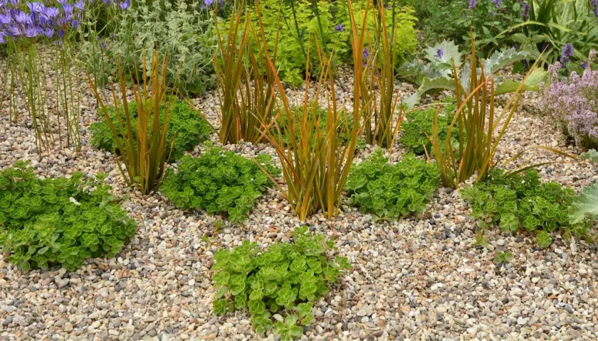 Giardino con ghiaia fai da te: piante verdi e arancioni su un letto di sassolini colorati, un'oasi di pace.