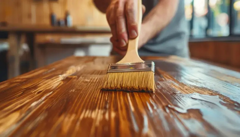 Mano applica cera ad acqua su legno. Attenzione, la cera ad acqua fa male se non usata correttamente.
