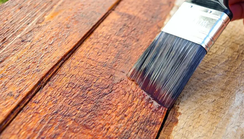Pennello stende impregnante su assi di legno grezzo, creando una finitura protettiva e colorata.