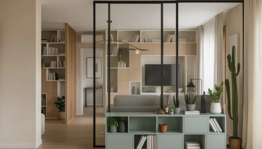 Soggiorno moderno con libreria a giorno e divano grigio, in un elegante stile minimal.