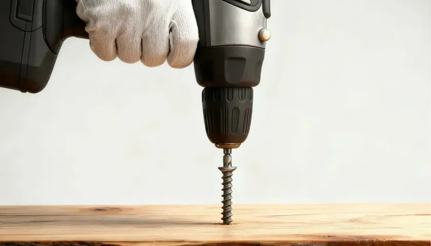 Mano guantata usa un trapano per avvitare una vite nel legno, mostrando come nascondere le viti nel legno per una finitura pulita.
