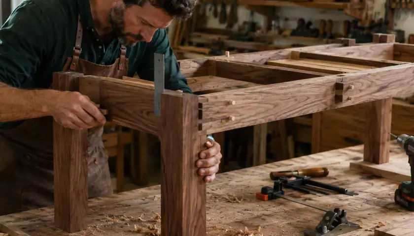 Falegname esperto che assembla un tavolo con assi di legno, creando giunzioni precise.