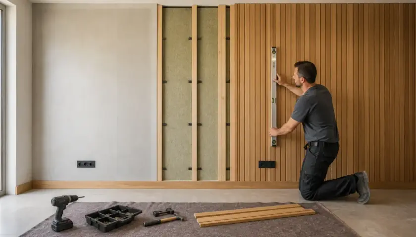 Uomo al lavoro per creare una parete in legno fai da te, usa una livella per posizionare le doghe di legno.