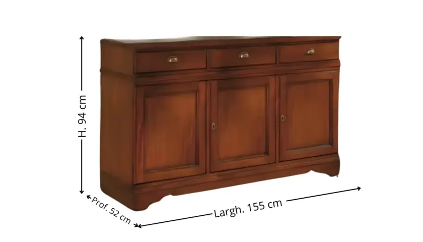 Credenza fai da te in legno scuro, con tre ante e tre cassetti, misure 155x94x52 cm.