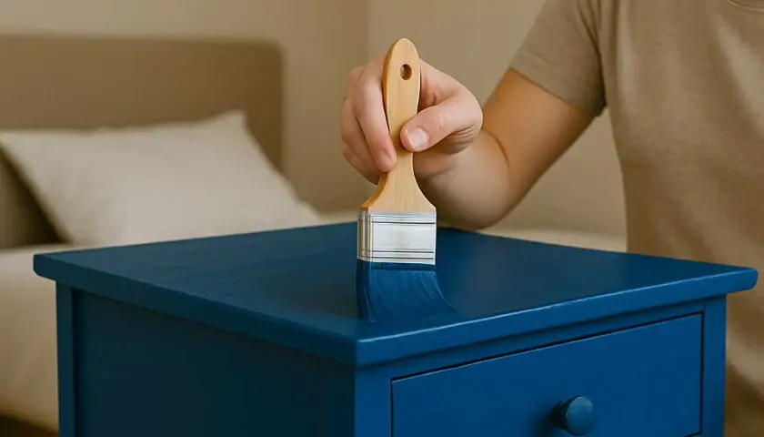 Mano che dipinge un mobile blu con un pennello, mostrando come laccare un mobile per un nuovo look.