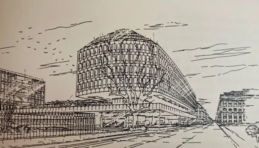 Disegno di un edificio moderno con facciata a griglia e tetto curvo, un albero stilizzato in primo piano. Un'opera che evoca lo stile di Carlo Mollino.