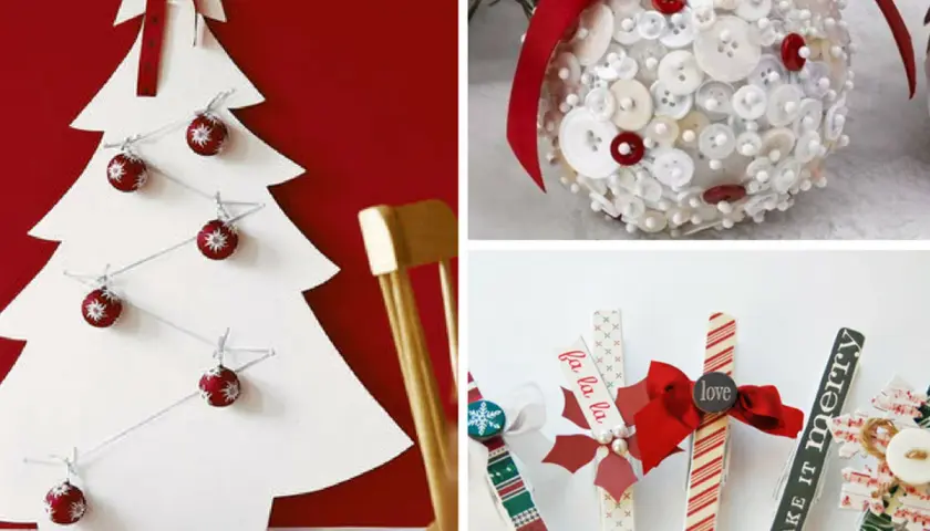 Idee per Natale fai da te: albero di Natale bianco con palline rosse, palla decorata con bottoni e mollette natalizie.