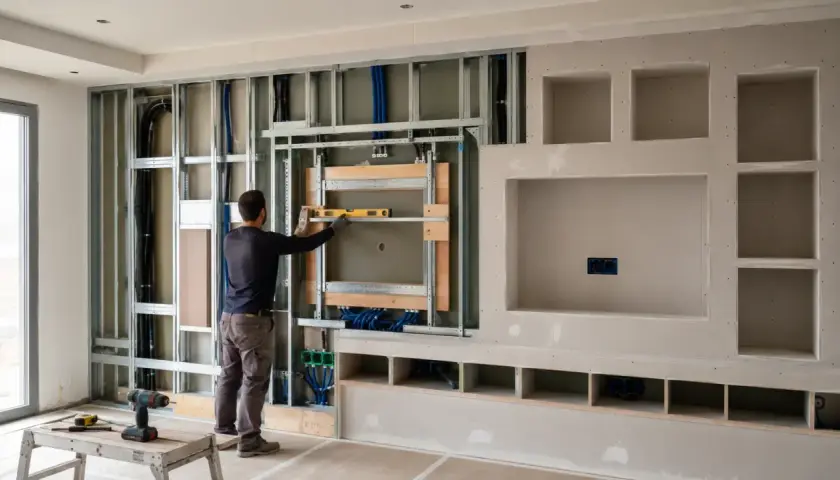 Costruzione di una parete attrezzata fai da te: un uomo usa una livella per montare la struttura metallica per un mobile TV.