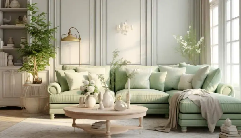 Soggiorno luminoso con divano verde menta, tavolino in legno chiaro e decorazioni che richiamano lo stile **mobili shabby chic fai da te**.