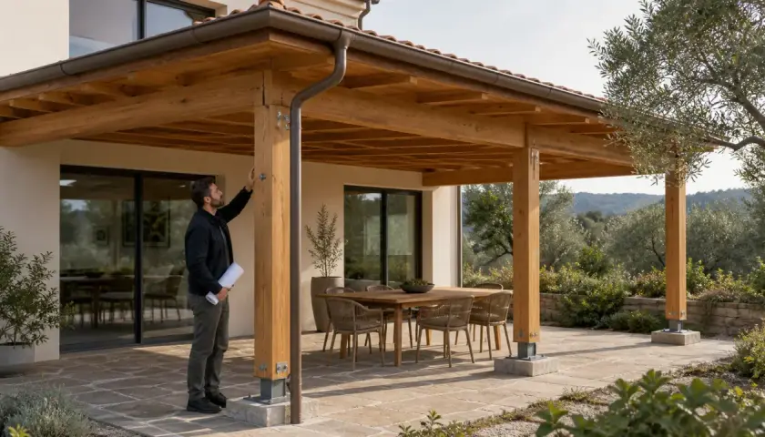 Un uomo valuta la sua **tettoia fai da te**, una struttura in legno che copre un patio con tavolo e sedie, immersa nel verde.