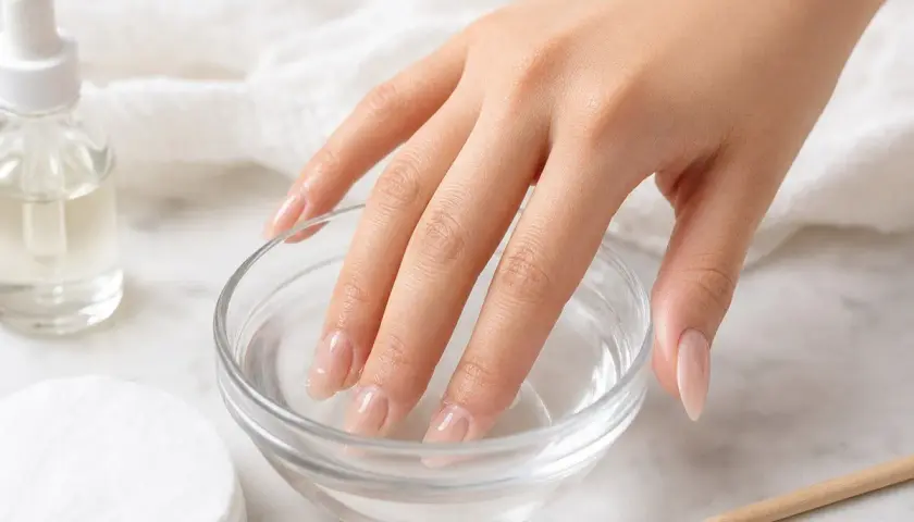 Mano con unghie immerse in una ciotola d'acqua, per rimuovere la colla per unghie dal tavolo.