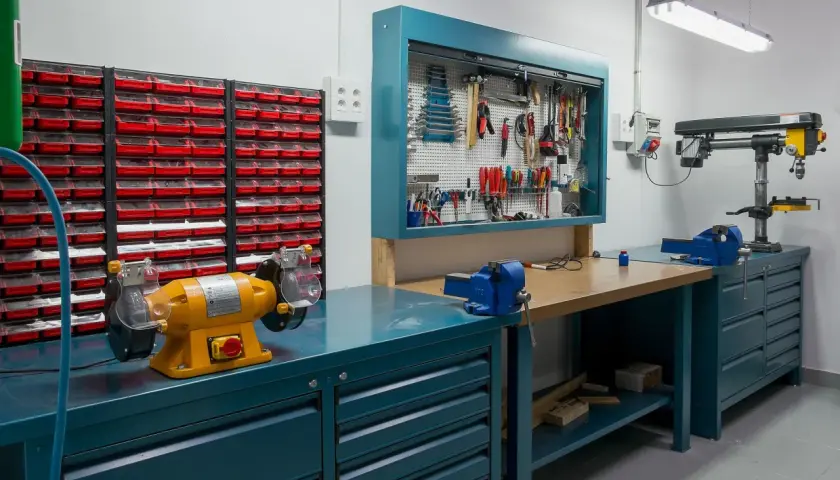 Un'officina ben organizzata con morsa, trapano a colonna, mola e tanti cassetti per idee officina fai da te.