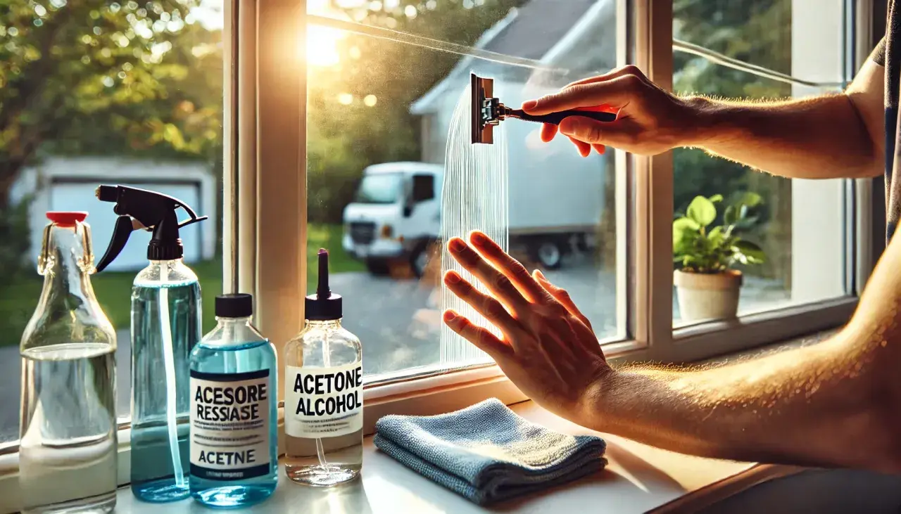 Come togliere la colla secca dal vetro con acetone e alcool. Un raschietto pulisce il vetro mentre una mano lo tiene fermo.