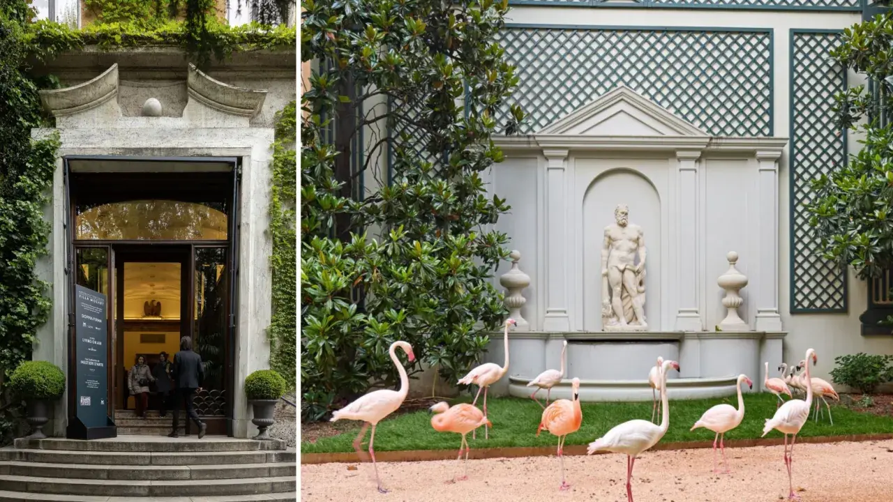 Ivy-covered villa entrance and a garden with flamingos and a statue.
