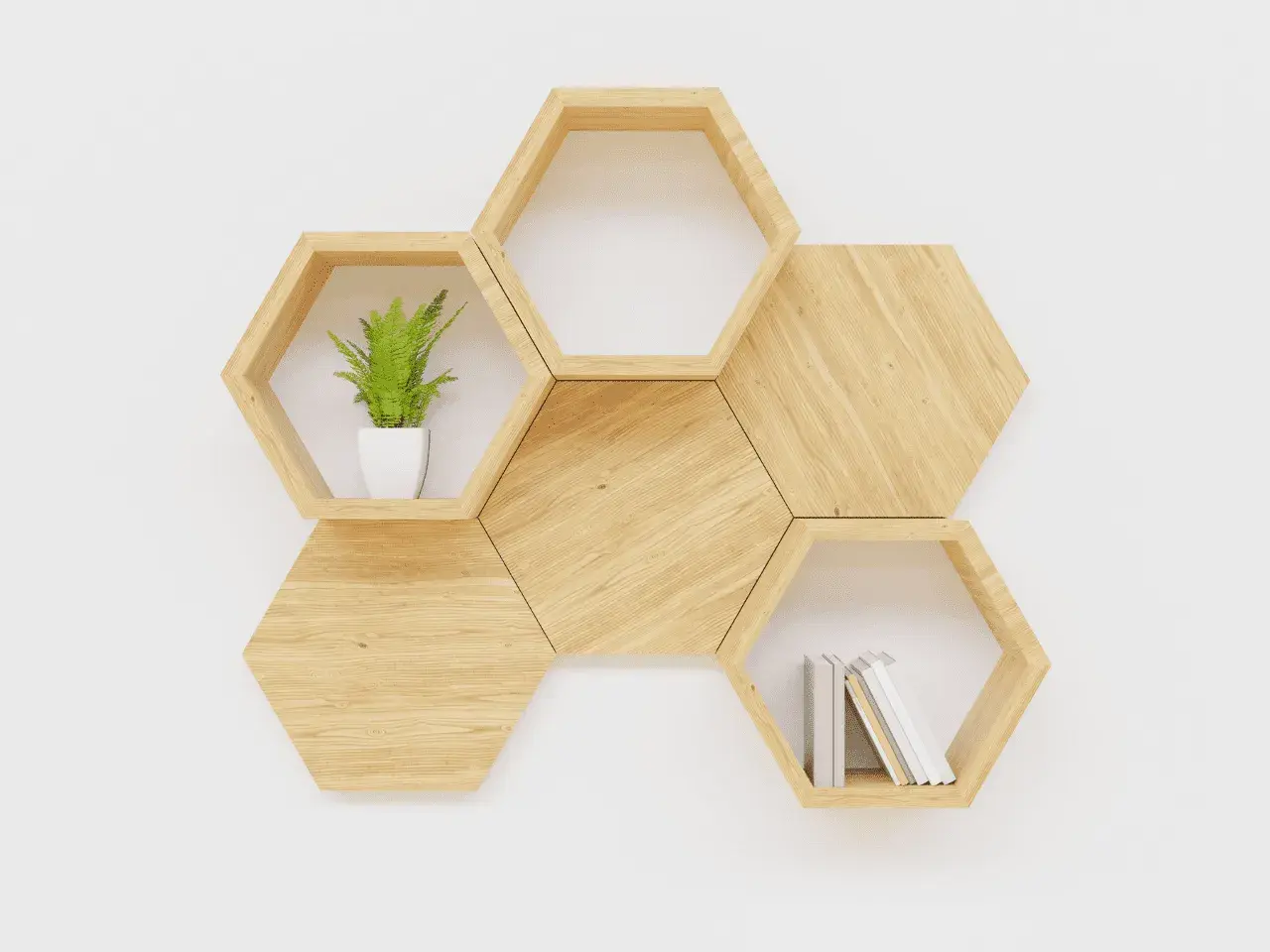Scaffali esagonali in legno, perfetti per progetti fai da te facili. Contengono una pianta e alcuni libri.