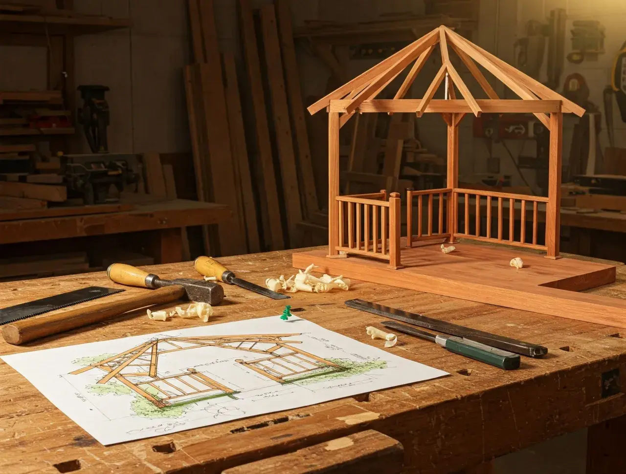 Un progetto di gazebo in legno fai da te, con schizzi, attrezzi e un modello in miniatura su un banco da falegname.