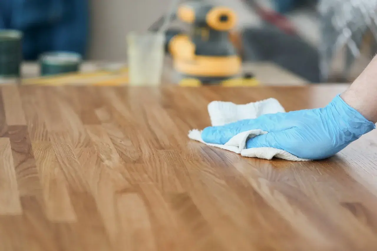Mano con guanto blu che pulisce un tavolo di legno con un panno, mentre si valuta se sia meglio olio di lino crudo o cotto per la finitura.
