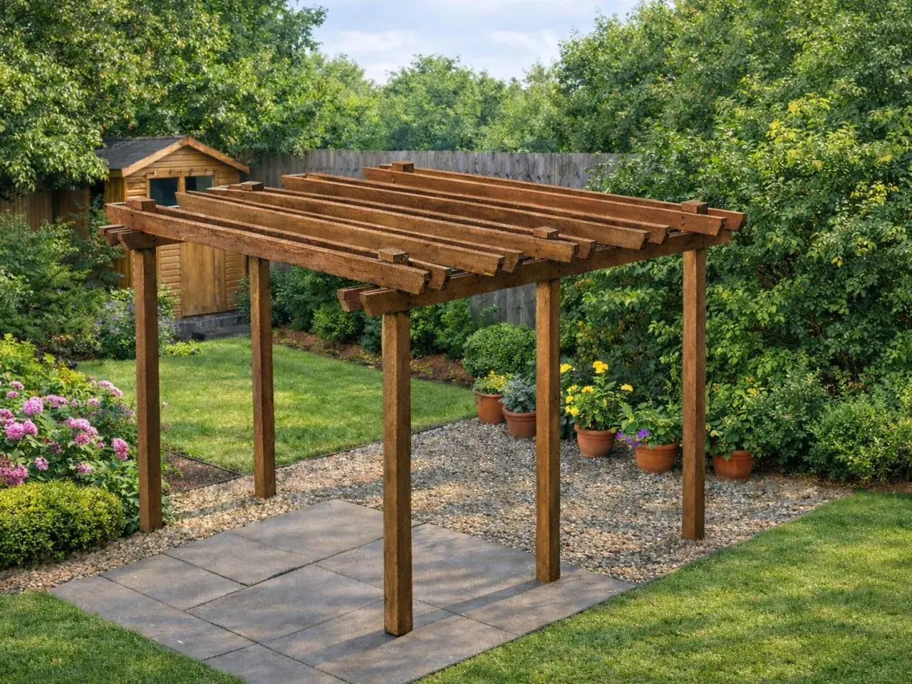 Un angolo di giardino con una pergola fai da te in legno, circondata da fiori rosa e verdi cespugli.