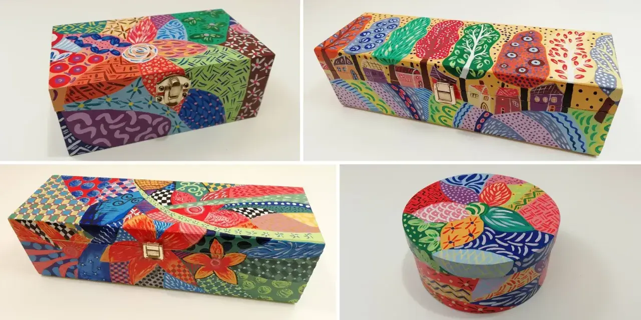 Scatole di legno decorate fai da te con motivi astratti e floreali colorati, un'esplosione di creatività.