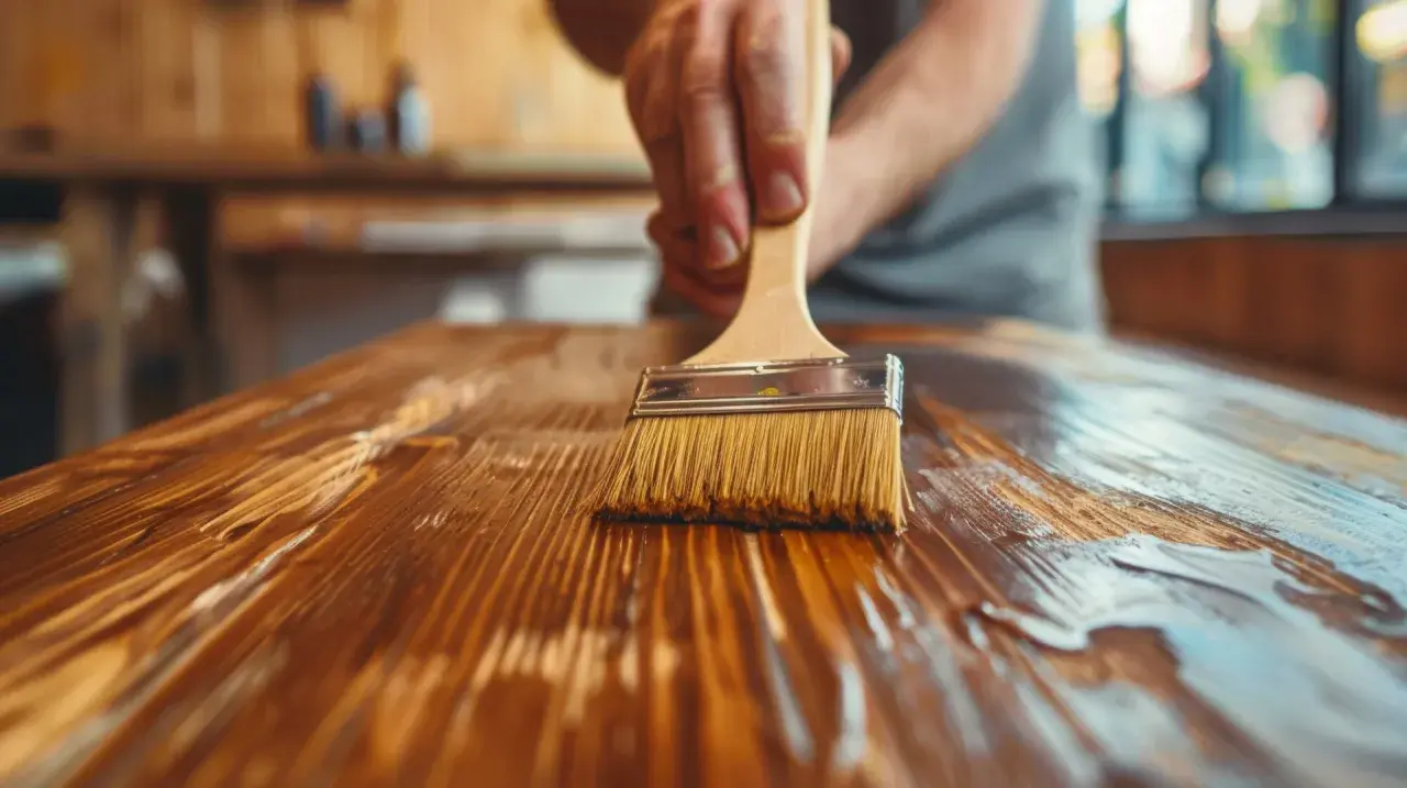 Mano applica cera ad acqua su legno. Attenzione, la cera ad acqua fa male se non usata correttamente.