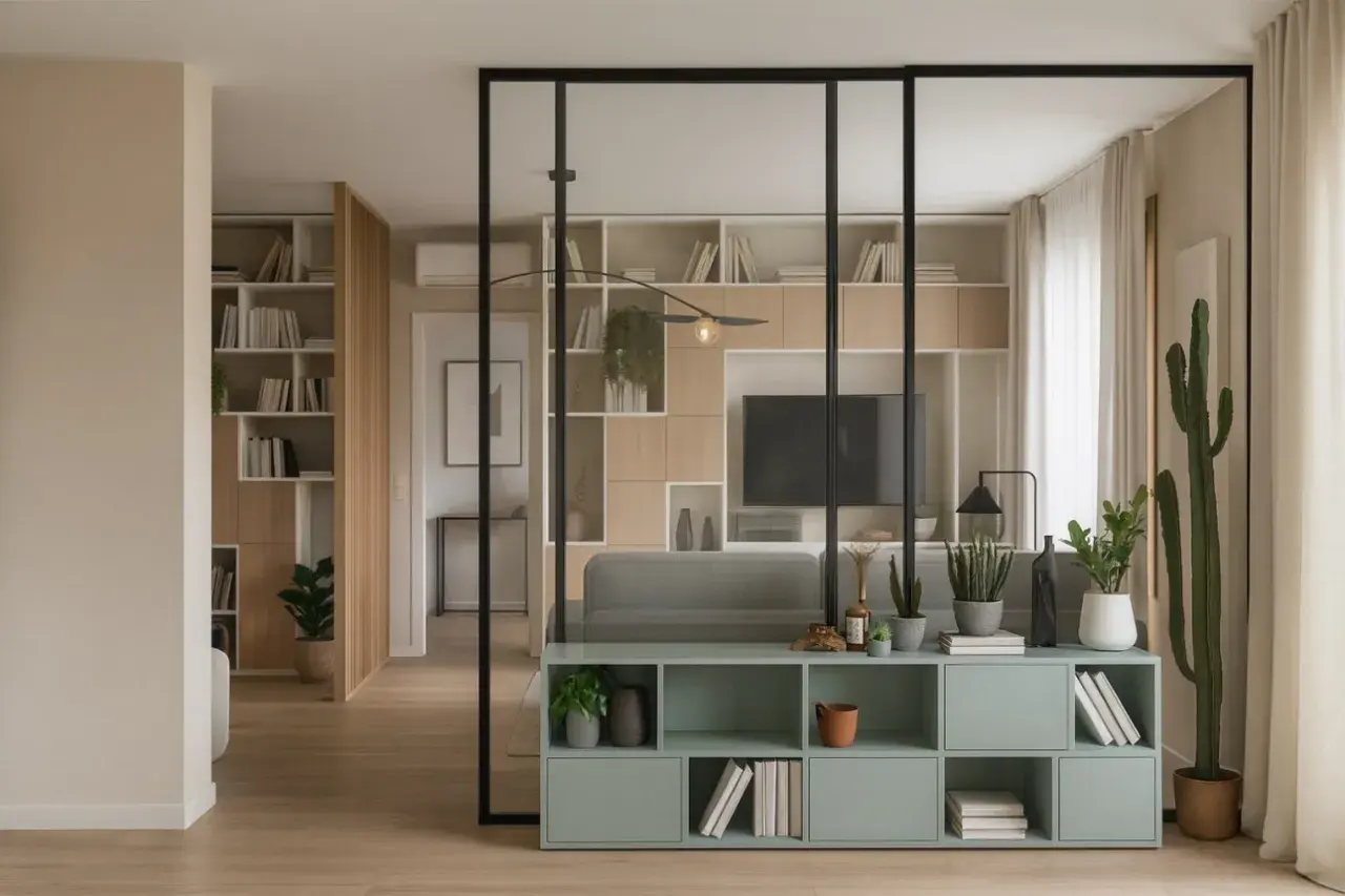 Soggiorno moderno con libreria a giorno e divano grigio, in un elegante stile minimal.