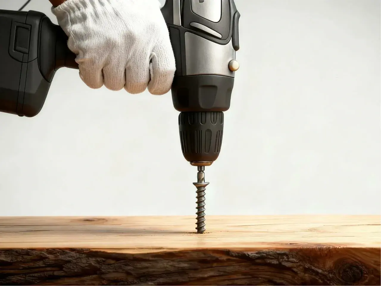 Mano guantata usa un trapano per avvitare una vite nel legno, mostrando come nascondere le viti nel legno per una finitura pulita.