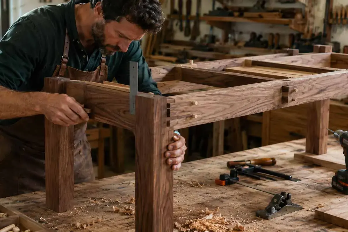 Falegname esperto che assembla un tavolo con assi di legno, creando giunzioni precise.