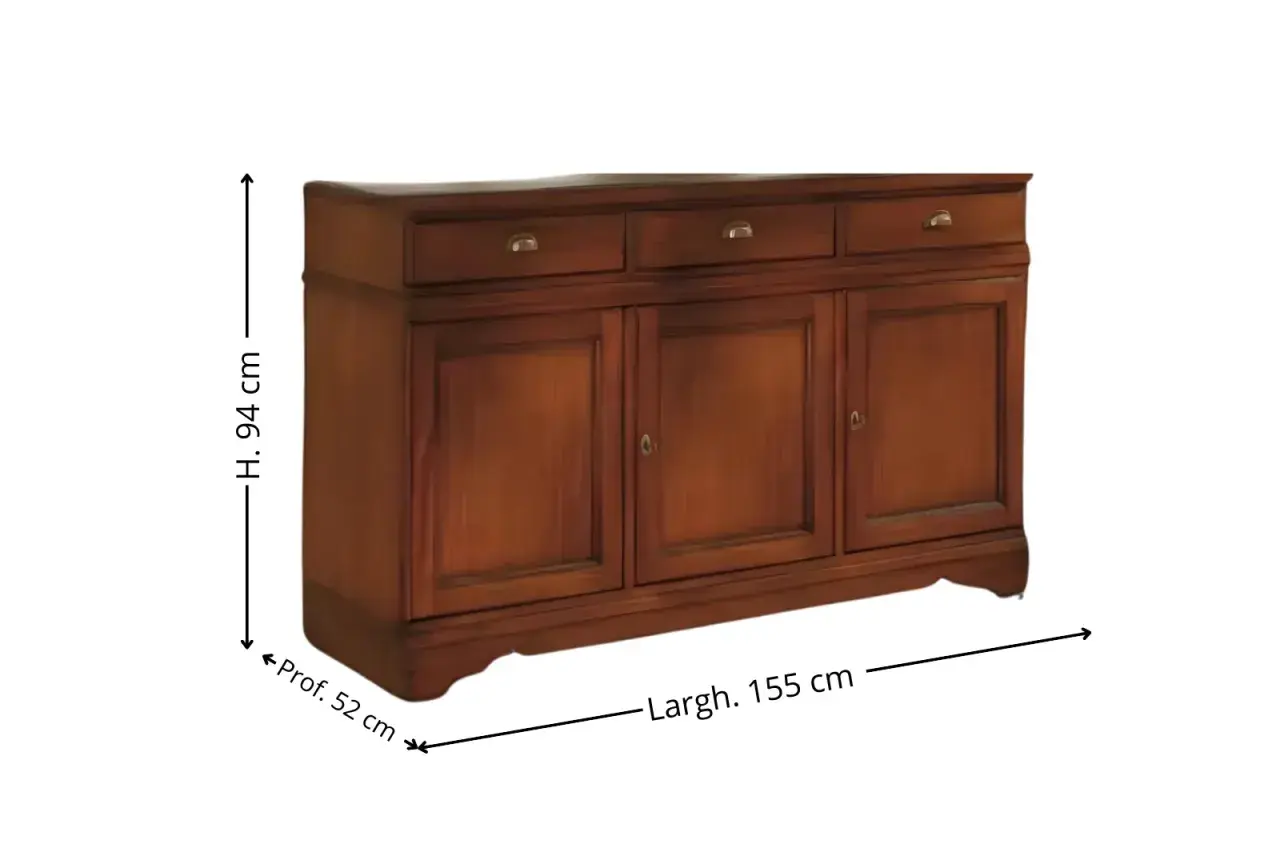 Credenza fai da te in legno scuro, con tre ante e tre cassetti, misure 155x94x52 cm.