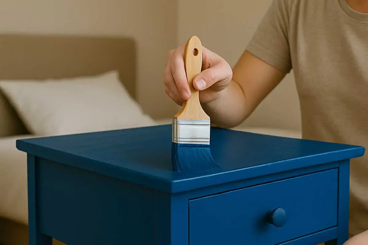 Mano che dipinge un mobile blu con un pennello, mostrando come laccare un mobile per un nuovo look.