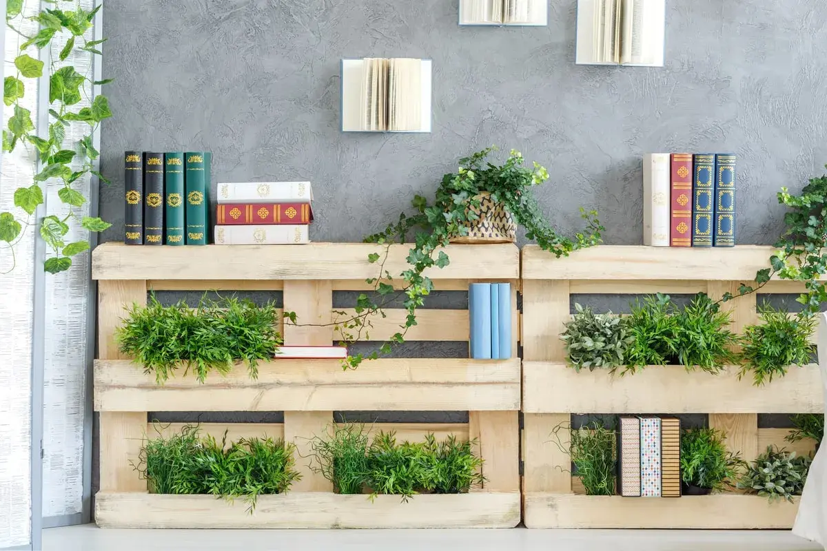 Scaffali in pallet con piante e libri, un'idea di bricolage per un angolo verde e letterario.