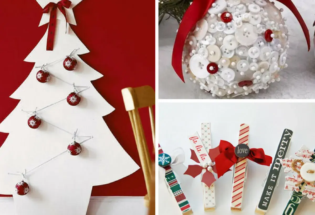 Idee per Natale fai da te: albero di Natale bianco con palline rosse, palla decorata con bottoni e mollette natalizie.
