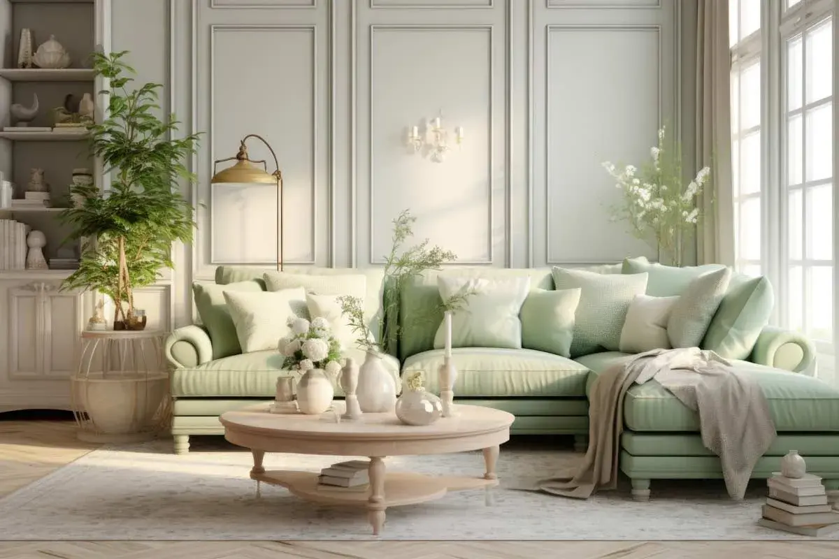 Soggiorno luminoso con divano verde menta, tavolino in legno chiaro e decorazioni che richiamano lo stile **mobili shabby chic fai da te**.