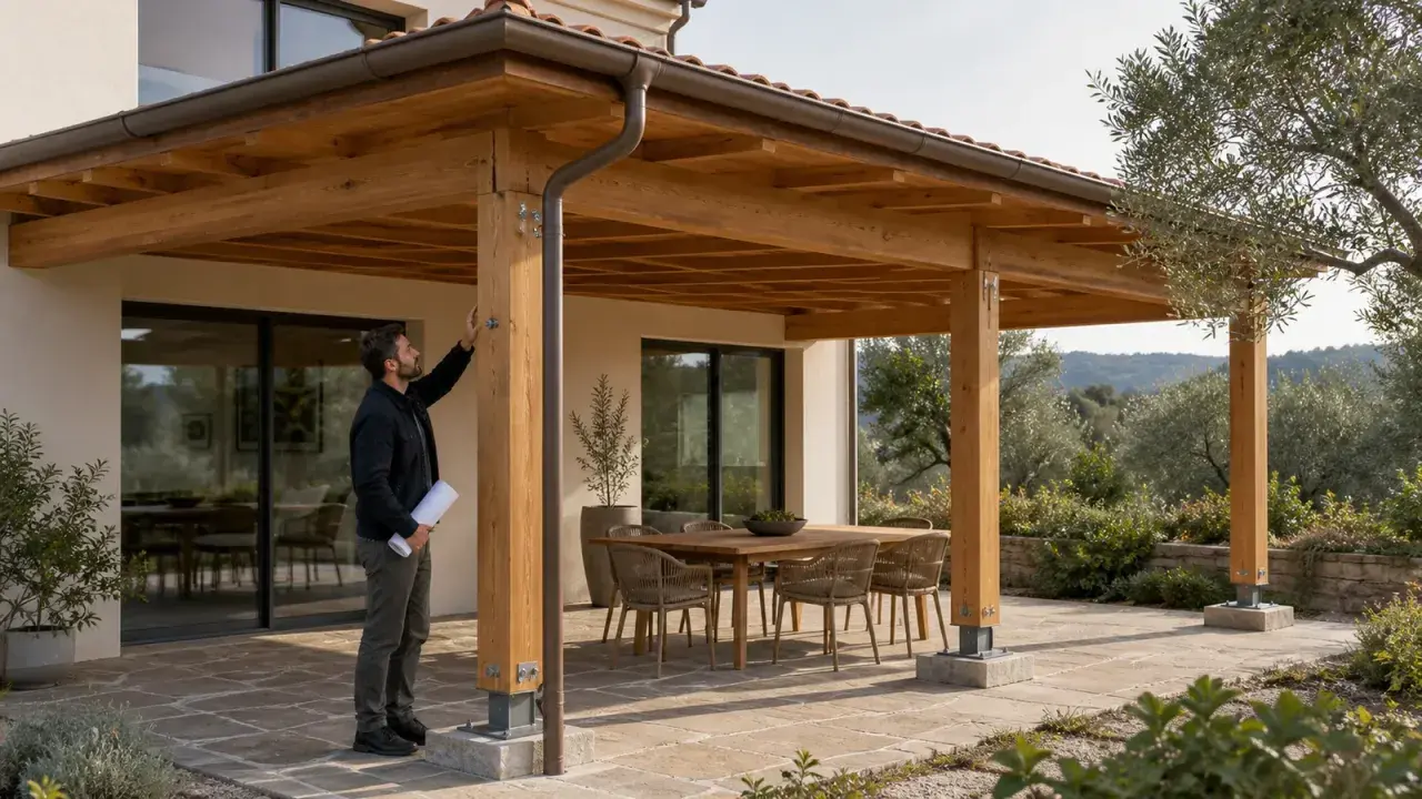 Un uomo valuta la sua **tettoia fai da te**, una struttura in legno che copre un patio con tavolo e sedie, immersa nel verde.