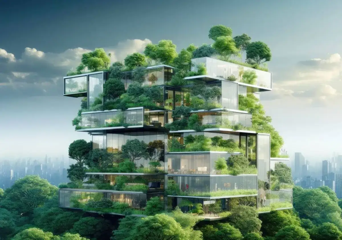 Edificio moderno con terrazze verdi e vetrate, un esempio di architettura organica che si fonde con la natura.