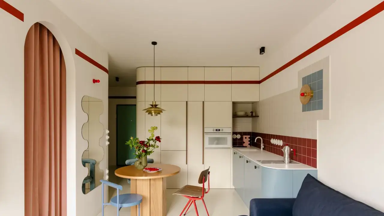 Interno colorato e moderno, con cucina, tavolo rotondo e sedie. Sembra la casa pi&ugrave; piccola del mondo, ma &egrave; piena di stile.