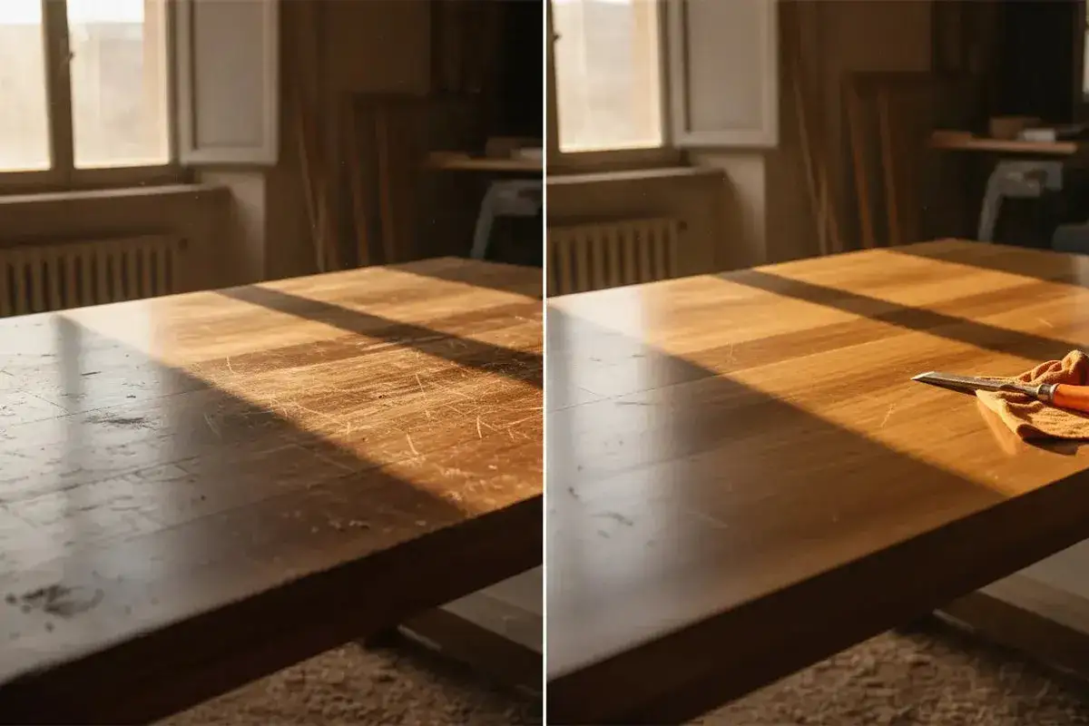 Prima e dopo: un tavolo in legno graffiato viene riportato a nuova vita. Si vede uno scalpello pronto per modificare un tavolo in legno.
