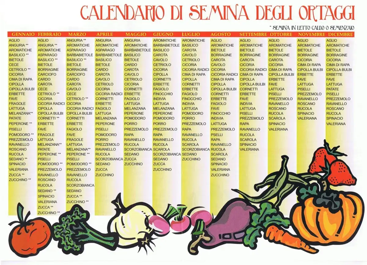 Calendario semina ortaggi: quando si semina il prezzemolo, tra aprile e settembre. Illustrazione con verdure.
