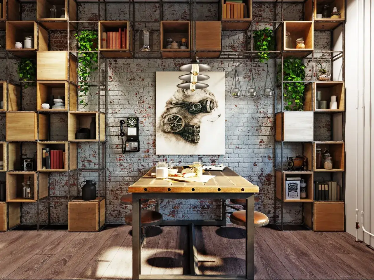 Una parete in legno fai da te con scaffali modulari pieni di libri, piante e oggetti decorativi.