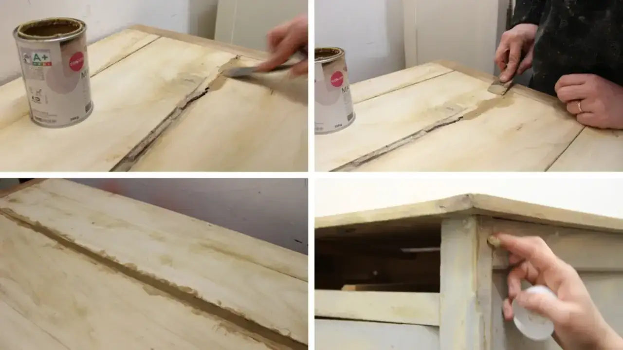 Riparazione fai da te di crepe nel legno con stucco. Un barattolo di stucco per legno è visibile, e mani applicano il prodotto per riempire le fessure.