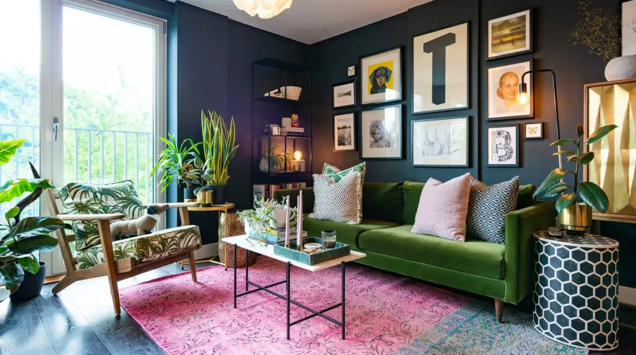 Salotto con divano verde, poltrona a fantasia tropicale e tappeto rosa vivace. Un mix di elementi crea uno stile eclettico, con quadri alle pareti e tante piante.