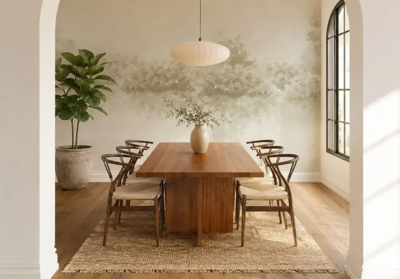 Sala da pranzo con tavolo in legno, sedie in stile Wishbone e un vaso con fiori. L'atmosfera evoca un senso di dark academia con la carta da parati sfumata e la grande pianta.