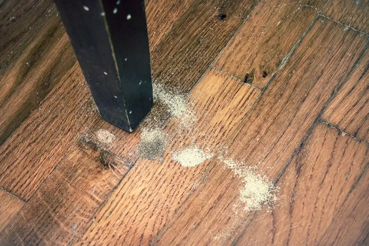 Segni di tarlo morto in casa: polvere fine e detriti sul parquet vicino alla gamba di un mobile scuro.