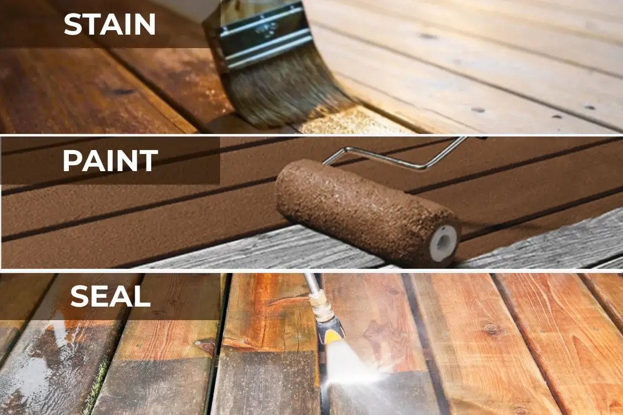 Confronto tra mordente, vernice e sigillante per legno: applicazione con pennello, rullo e idropulitrice.