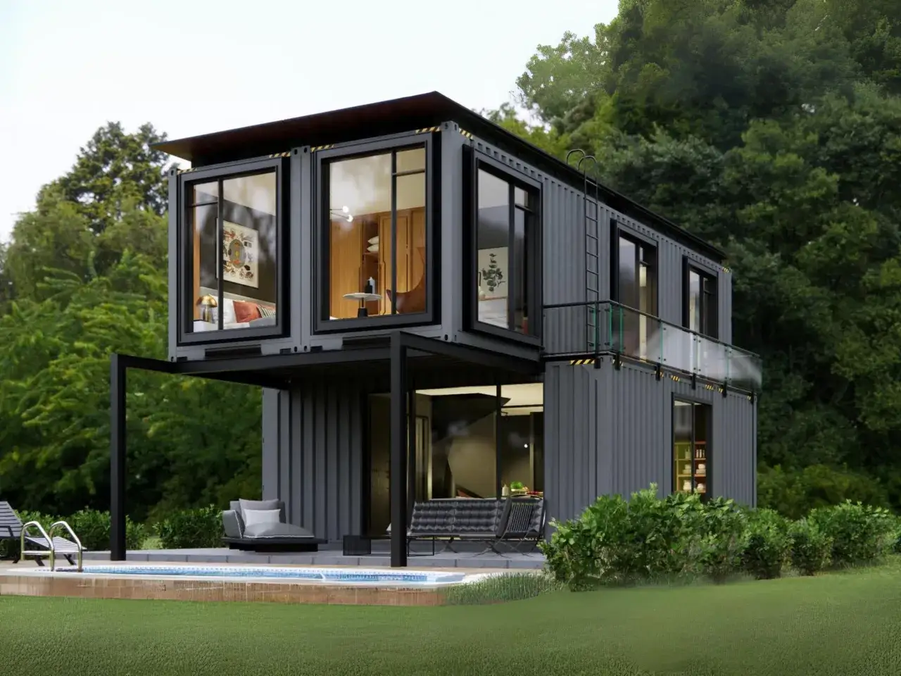 Moderna casa container con piscina, immersa nel verde. Un esempio di architettura sostenibile che rispetta la normativa italiana.