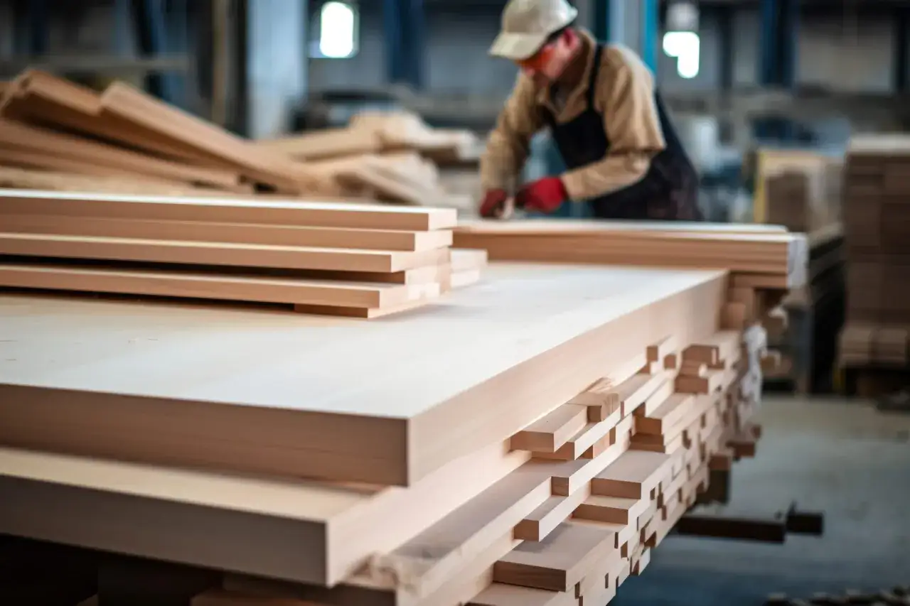 Falegname al lavoro, mostra come tagliare il legno in un laboratorio. Legno impilato in primo piano.