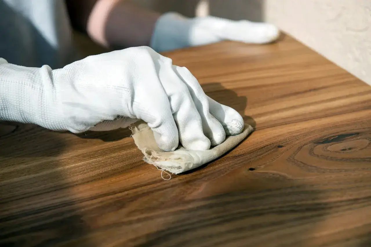 Mano con guanto bianco lucida un tavolo di legno. Attenzione, la cera ad acqua fa male se non usata correttamente.