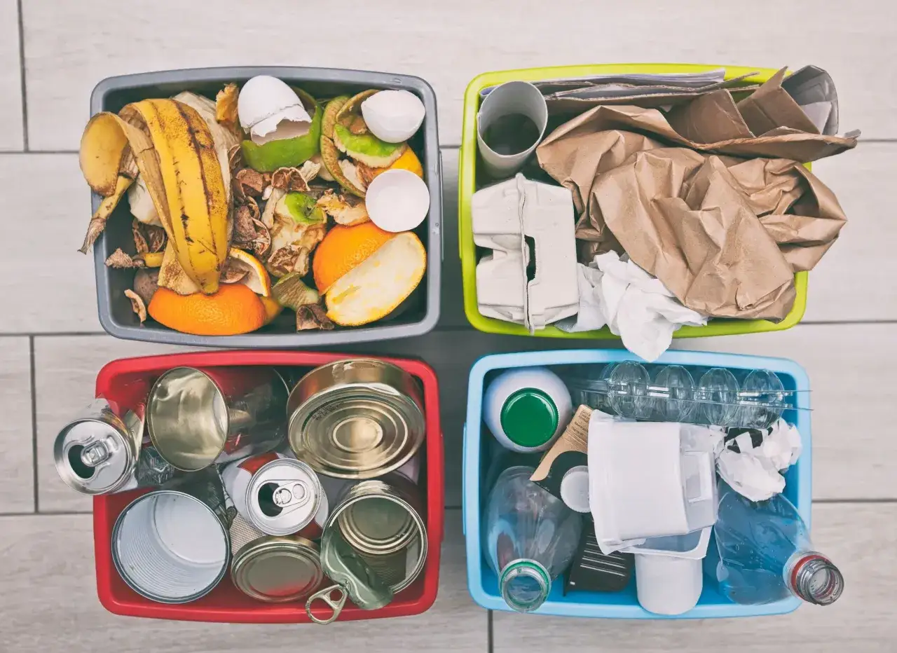 Quattro contenitori colorati per la raccolta differenziata: organico, carta, metallo e plastica. Idee contenitori raccolta differenziata fai da te.