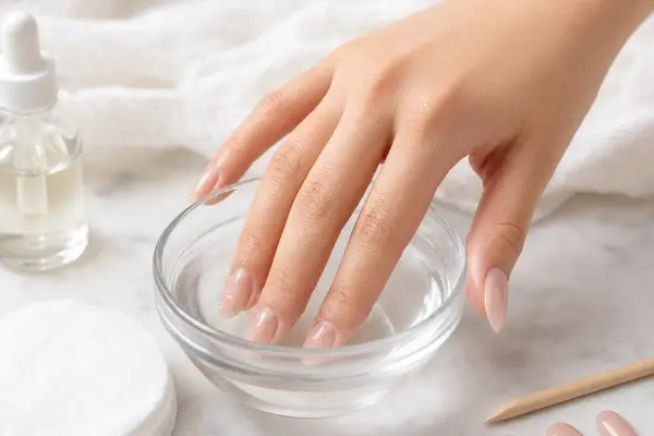 Mano con unghie immerse in una ciotola d'acqua, per rimuovere la colla per unghie dal tavolo.
